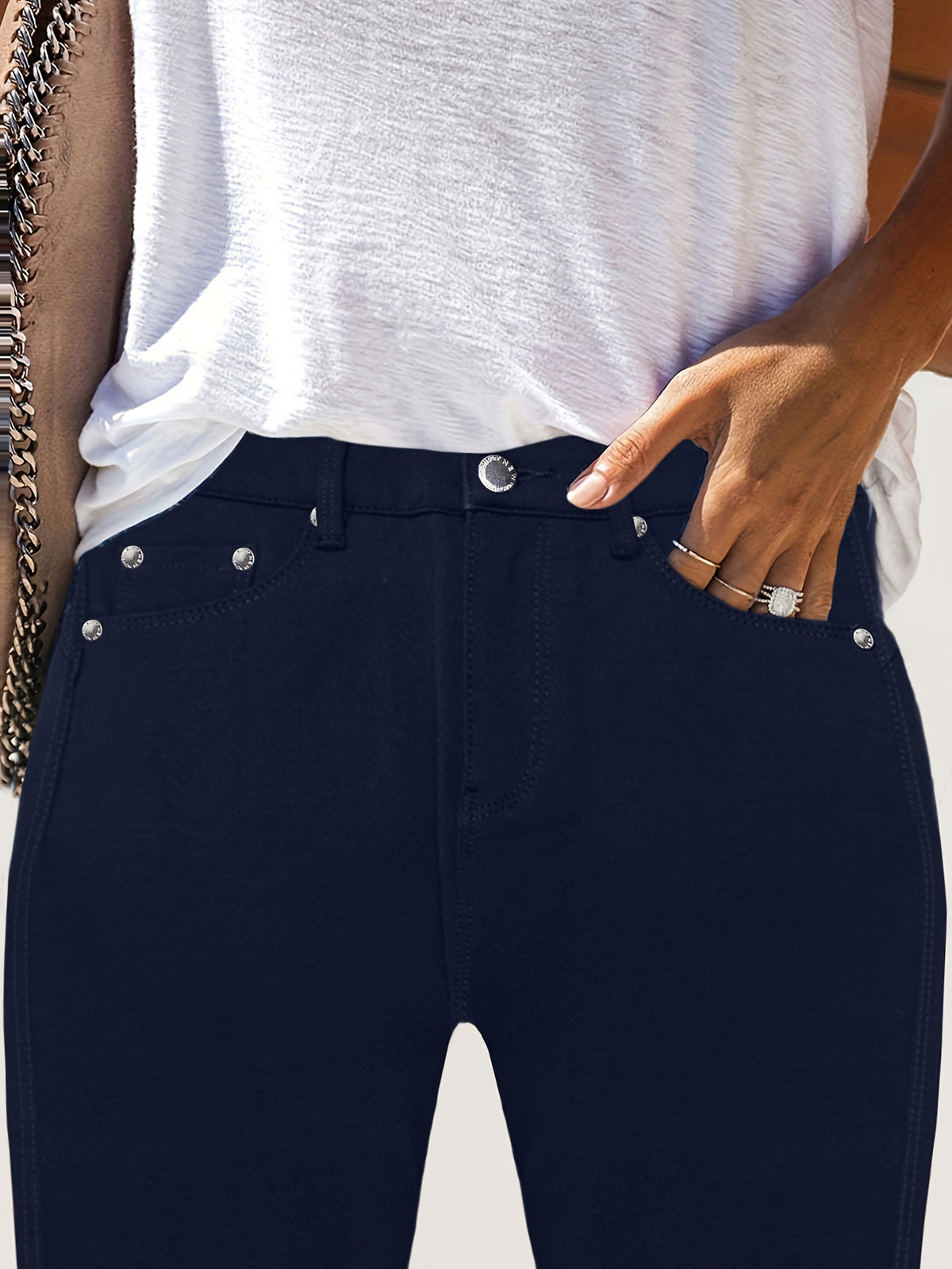 High Waist Skinny Jeans Women Metal Button Detail - Stretch Street Style Casual Denim Pants in Black, Blue, Burgundy & More Colors S-XXL