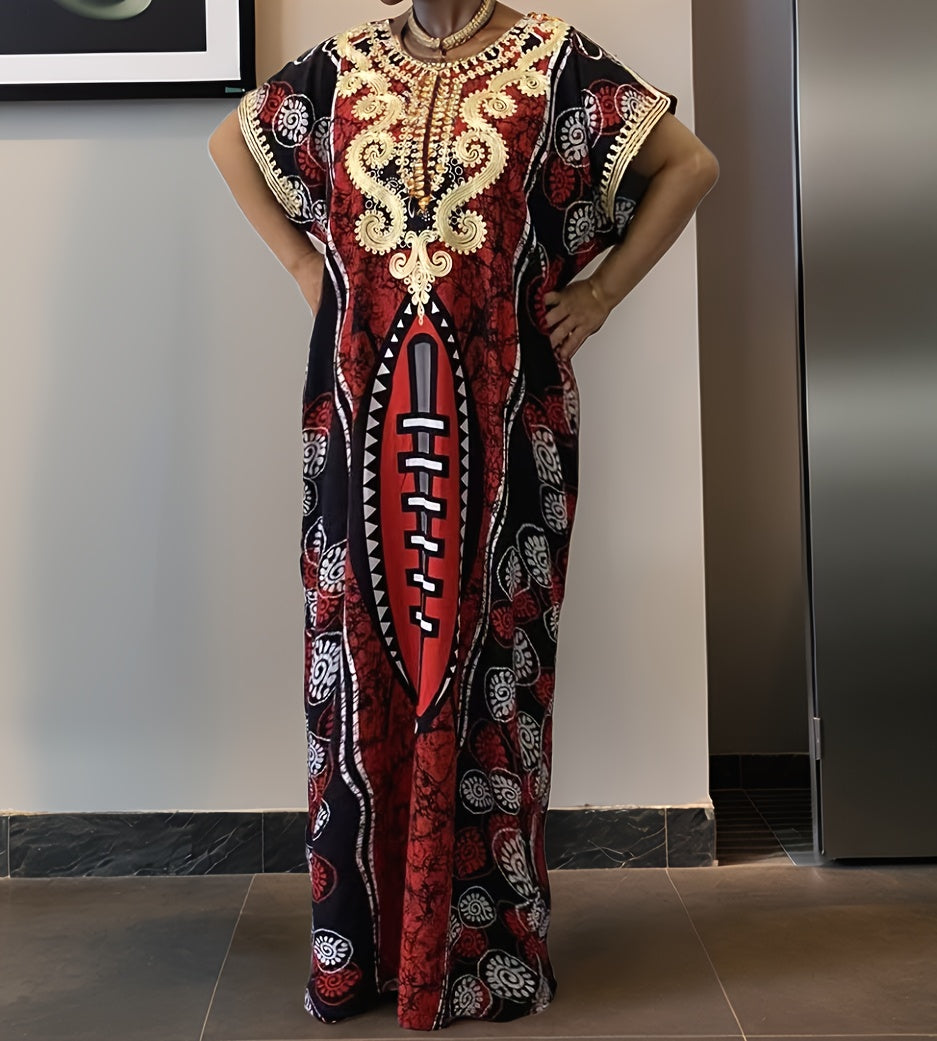 Maxi Kaftan Dress Women Arabic Abaya Robe Golden Embroidered Islamic Embellishments Batwing Sleeve Round Neck Long Modest Dress Machine Washable