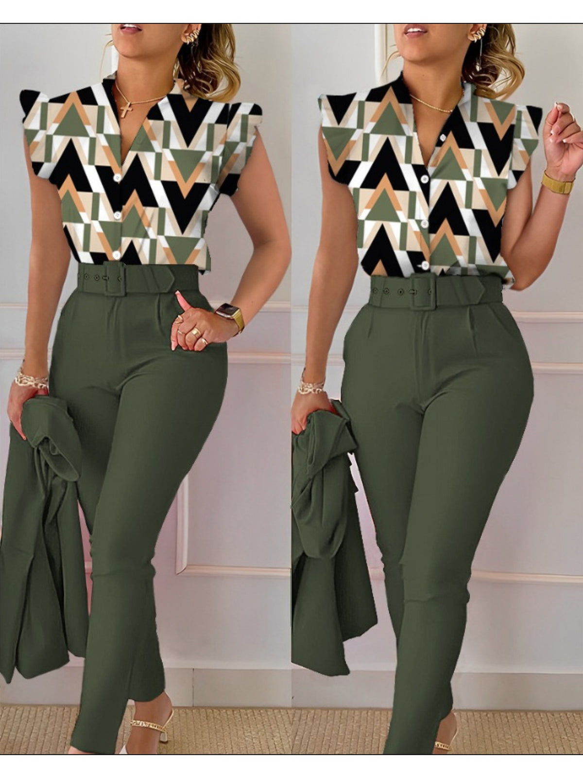 Printed Lotus Leaf Ruffle Sleeve Top Pants 2 Piece Set Women Belt Leopard Camo Print Spring Summer Outfit S-XXL