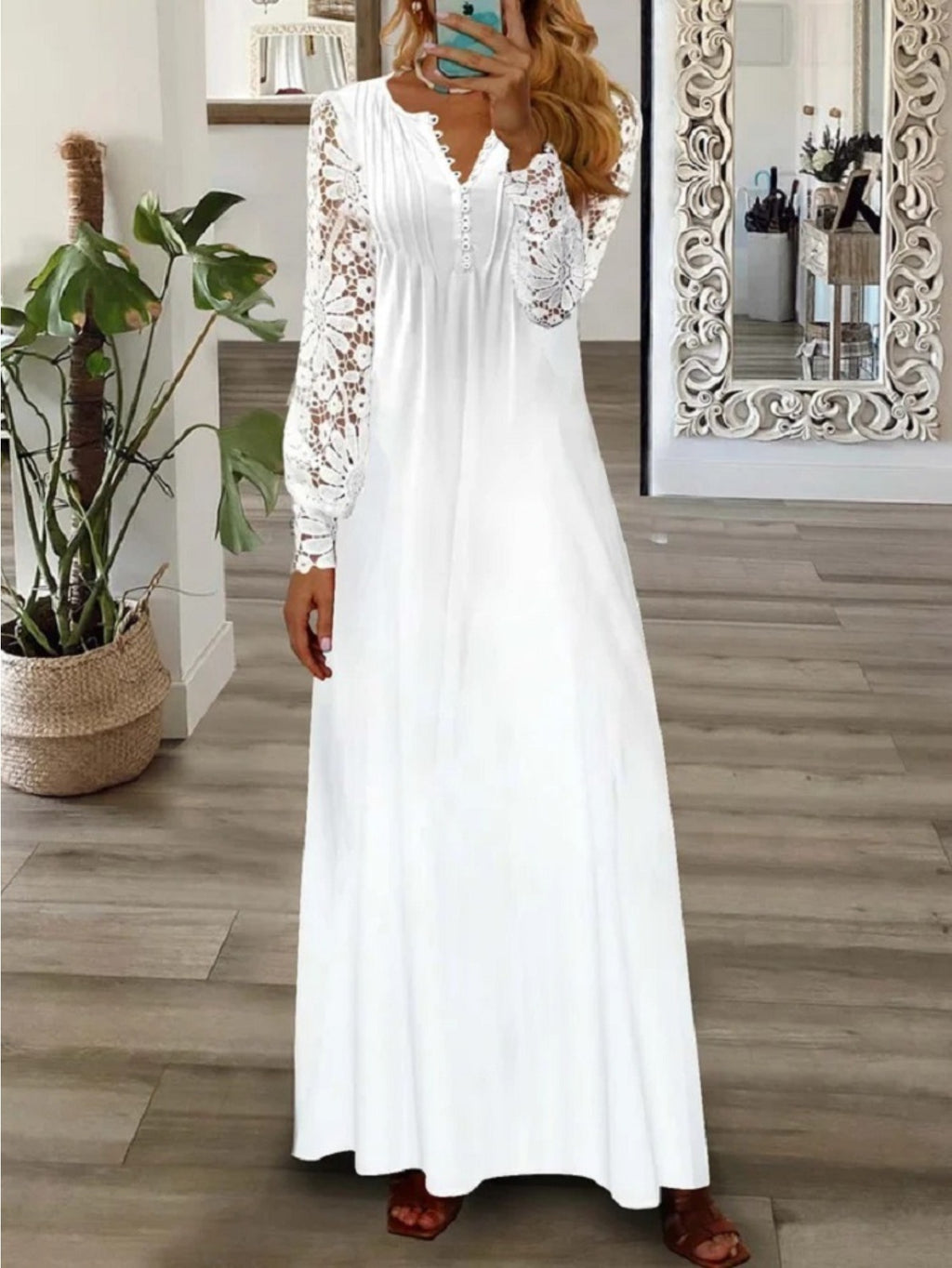 Women's Bohemian White Lace Long Dress V-Neck Long Sleeve High Waist A-Line Flowing Hem Romantic Date Beach Dress