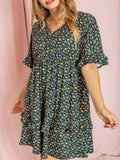 Floral Ruffle Midi Dress for Women – Vintage Boho V-Neck Flutter Sleeve Elastic Waist, Navy Pink Yellow Charcoal, S-3X