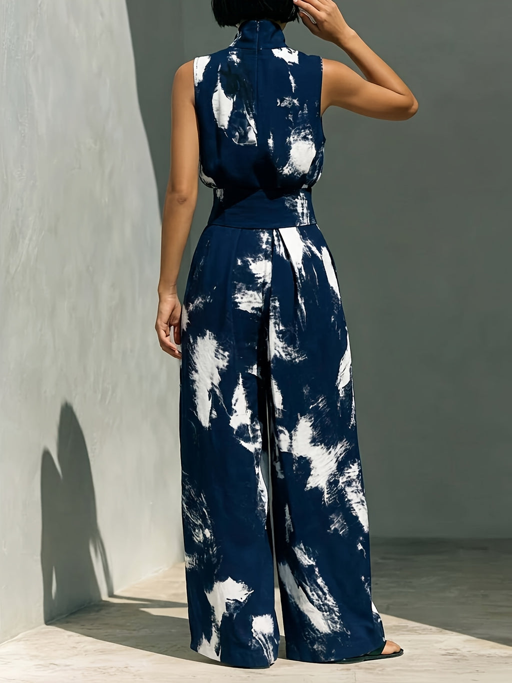 Tie-Dye Print High Neck Sleeveless Top and Wide-Leg Pants 2-Piece Set Street Style Casual S-XXL