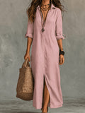 Women's Maxi Shirt Dress Button Front Slit Turn Collar Roll-Up Sleeve Boho Beach Casual S-XL