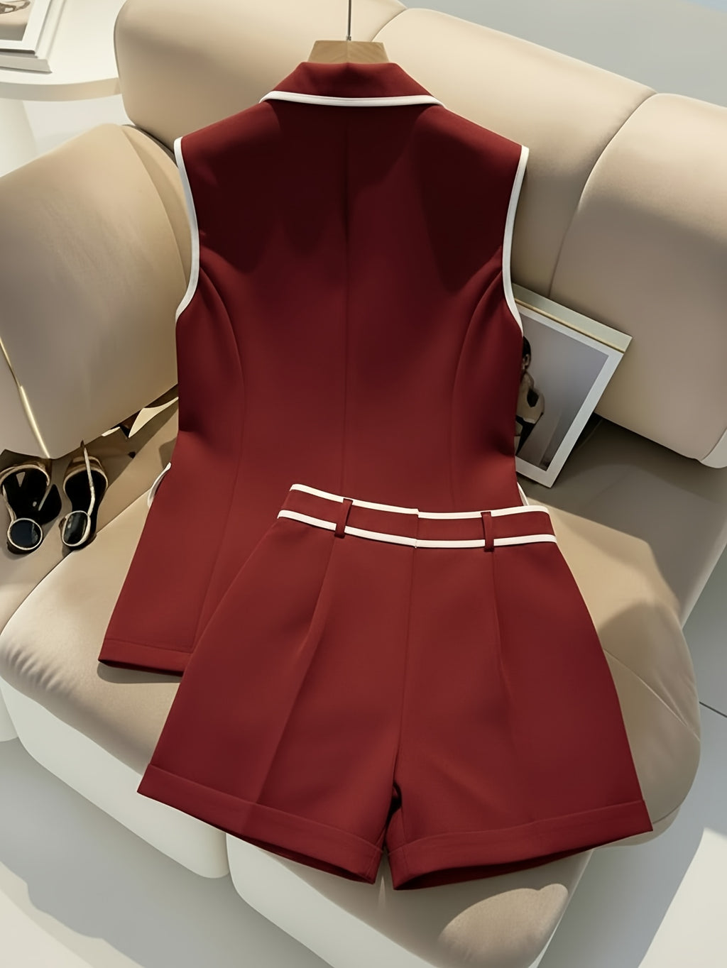 Double-Breasted Vest & Shorts 2-Piece Set for Women - Black White Contrast Trim Polished Casual Suit Chic Matching Outfit