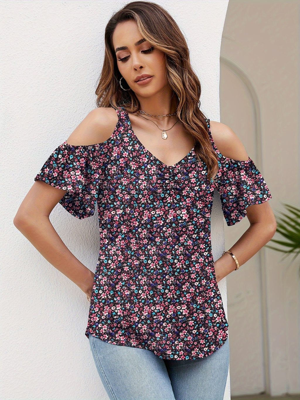 Cold Shoulder Tops for Women Floral Ruched V-Neck Blouse Short Sleeve Summer Tunic Shirt Casual Cute
