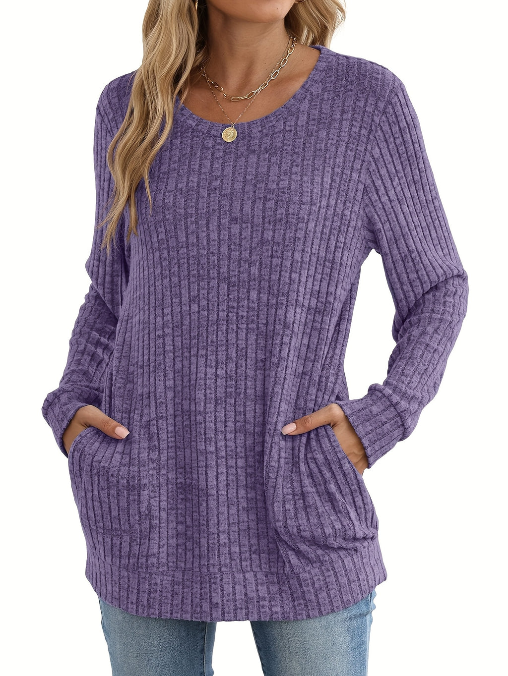 Oversized Sweater Dress Women Beige Long Sleeve Round Neck Tunic Pockets Cozy Casual All Season Machine Washable S-XXL