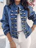 Stand Collar Short Denim Jacket Women Double-Breasted Open Placket Washed Blue Casual Coat for Spring Autumn Versatile Everyday Outerwear