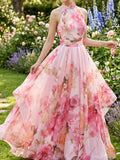 Women's Halter Neck Pink Watercolor Floral Maxi Dress Tie-Waist Flowy Boho Gown for Wedding Vacation Spring Summer