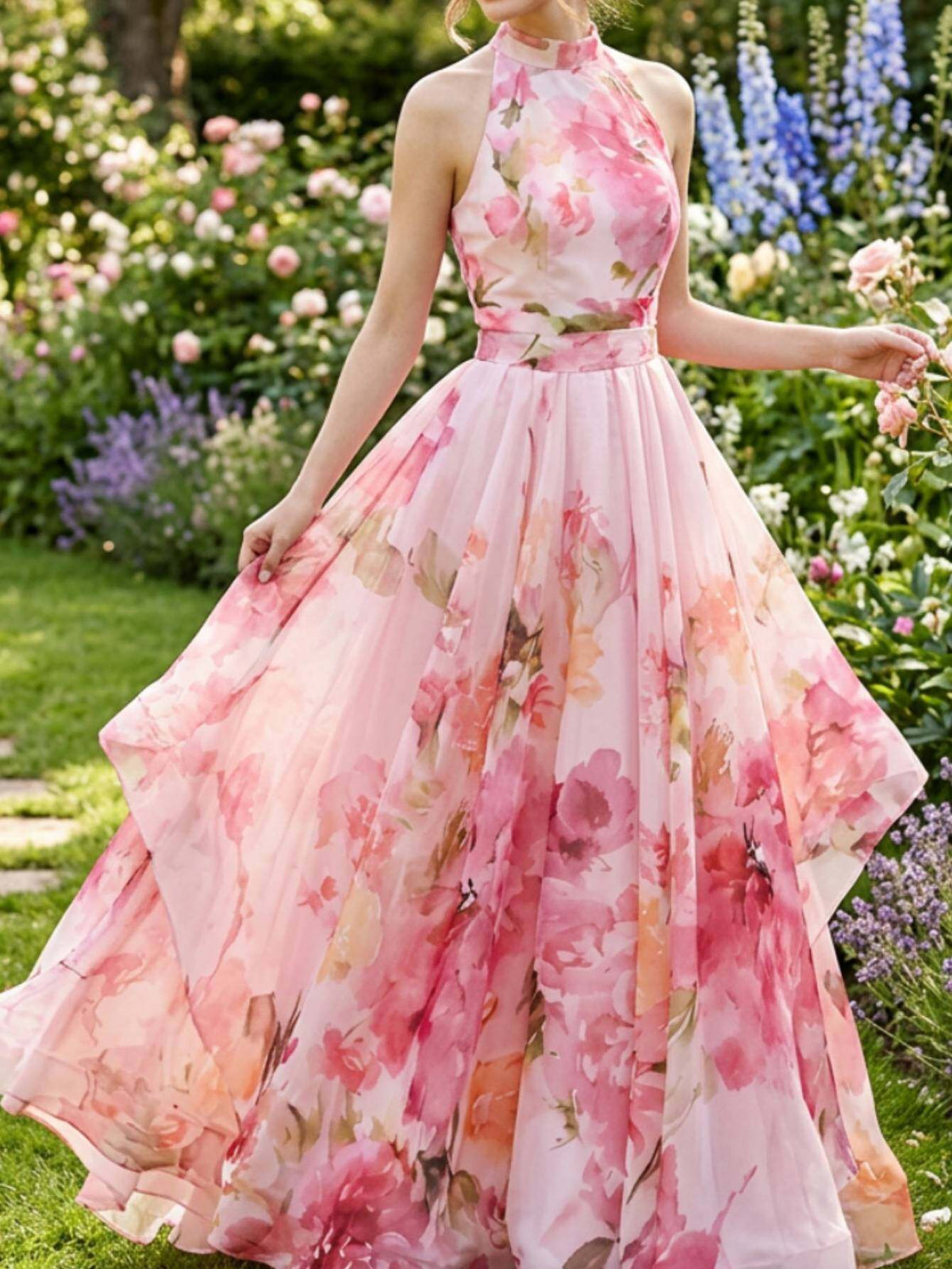 Halter Neck Floral Maxi Dress Women Boho Tie Waist Flowy Gown Wedding Vacation Spring Summer Pink Watercolor Print Elegant French Bohemian