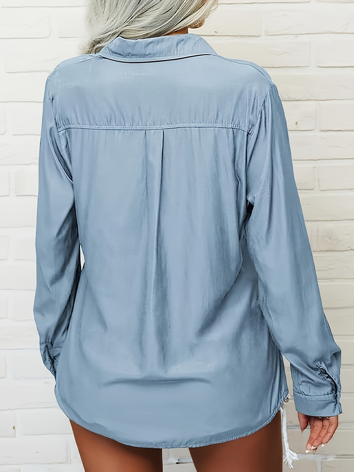 Women's V-Neck Button Down Blouse Slim Fit Lapel Collar Long Sleeve Work Shirt with Chest Pocket Roll-Up Cuffs