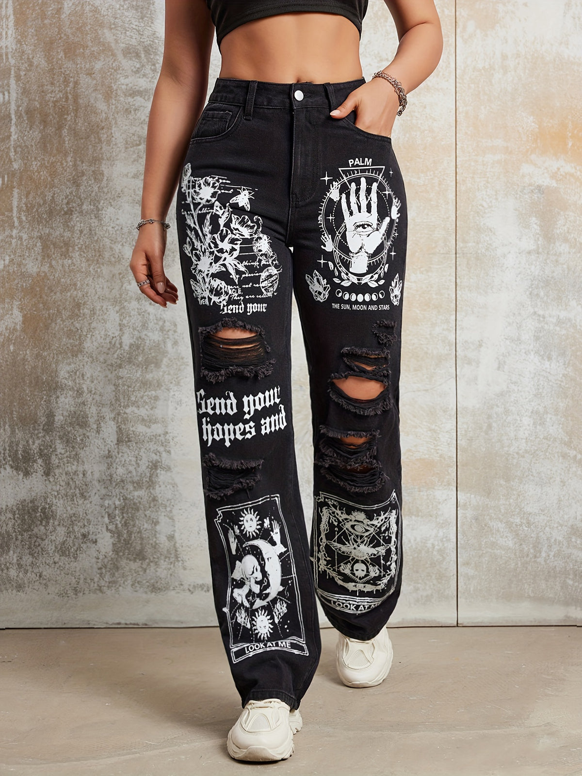 Y2K High-Waisted Straight-Leg Trousers Cartoon Designs Black Casual Streetwear Women's Pants