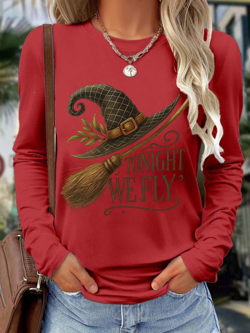 Halloween Witch Hat Print Long Sleeve T-Shirt for Women - Crew Neck Breathable Casual Graphic Tee Everyday Office Wear Fall Festive Top