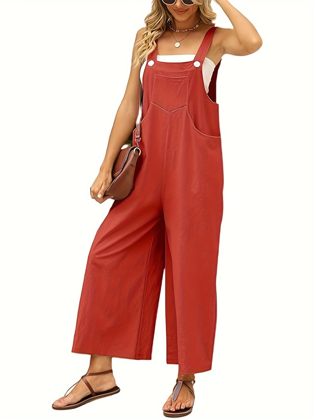Women's Cotton Linen Wide Leg Jumpsuit Overalls Adjustable Strap Square Neck Zipper Romper Pants Casual S-XL