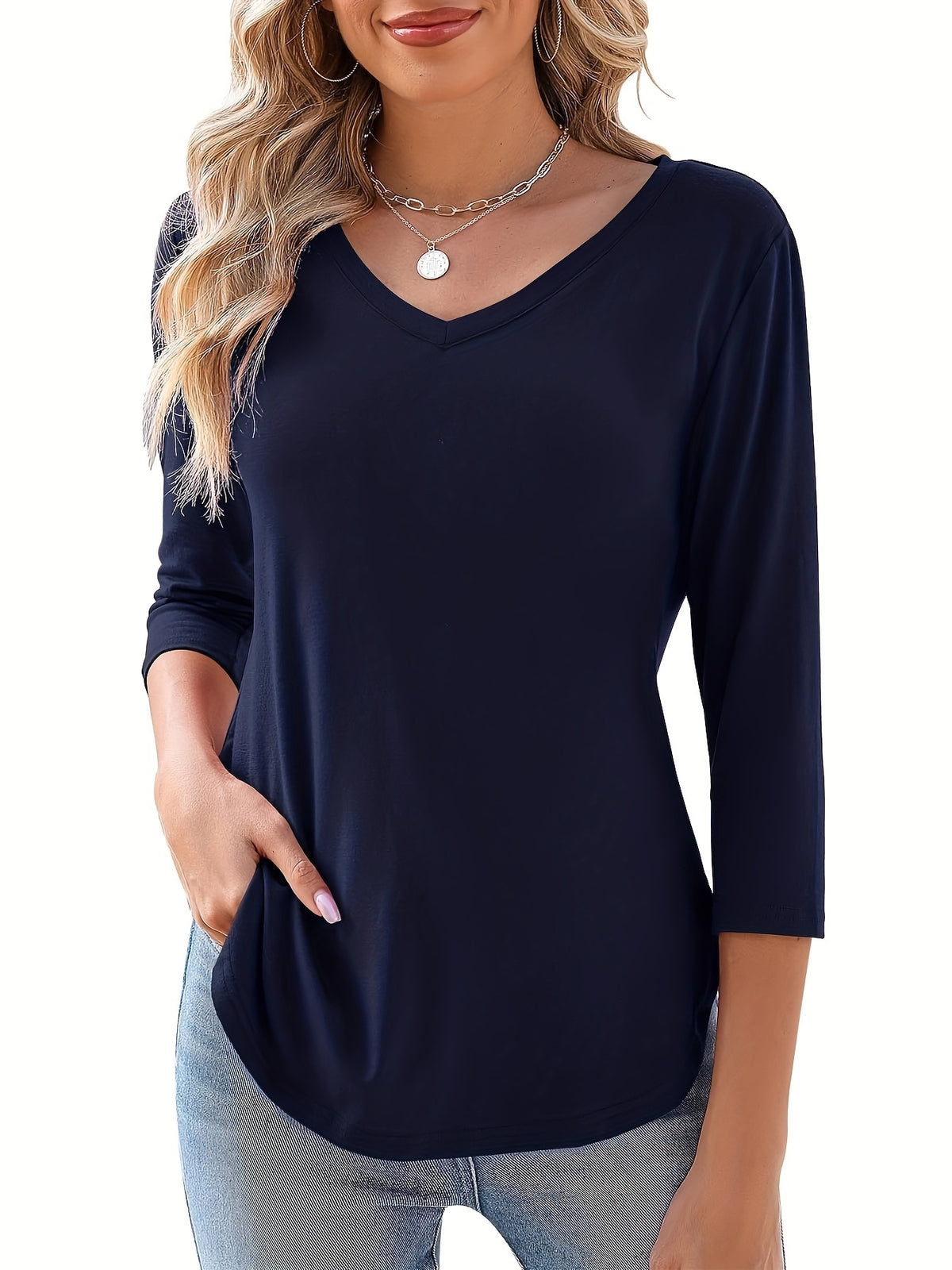 Solid Color V-Neck Top Women 3/4 Sleeve Casual Knit Blouse Elegant Basic Stretch Shirt Spring Summer Fall S-XXL