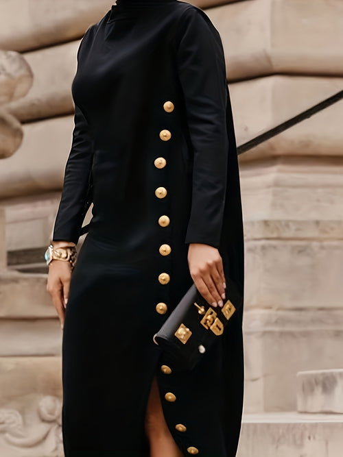 Black Mock Neck Asymmetric Slit Maxi Dress for Women – Long Sleeve Loose Elegant Commuter Dress, Side Button Detail, S-XXL