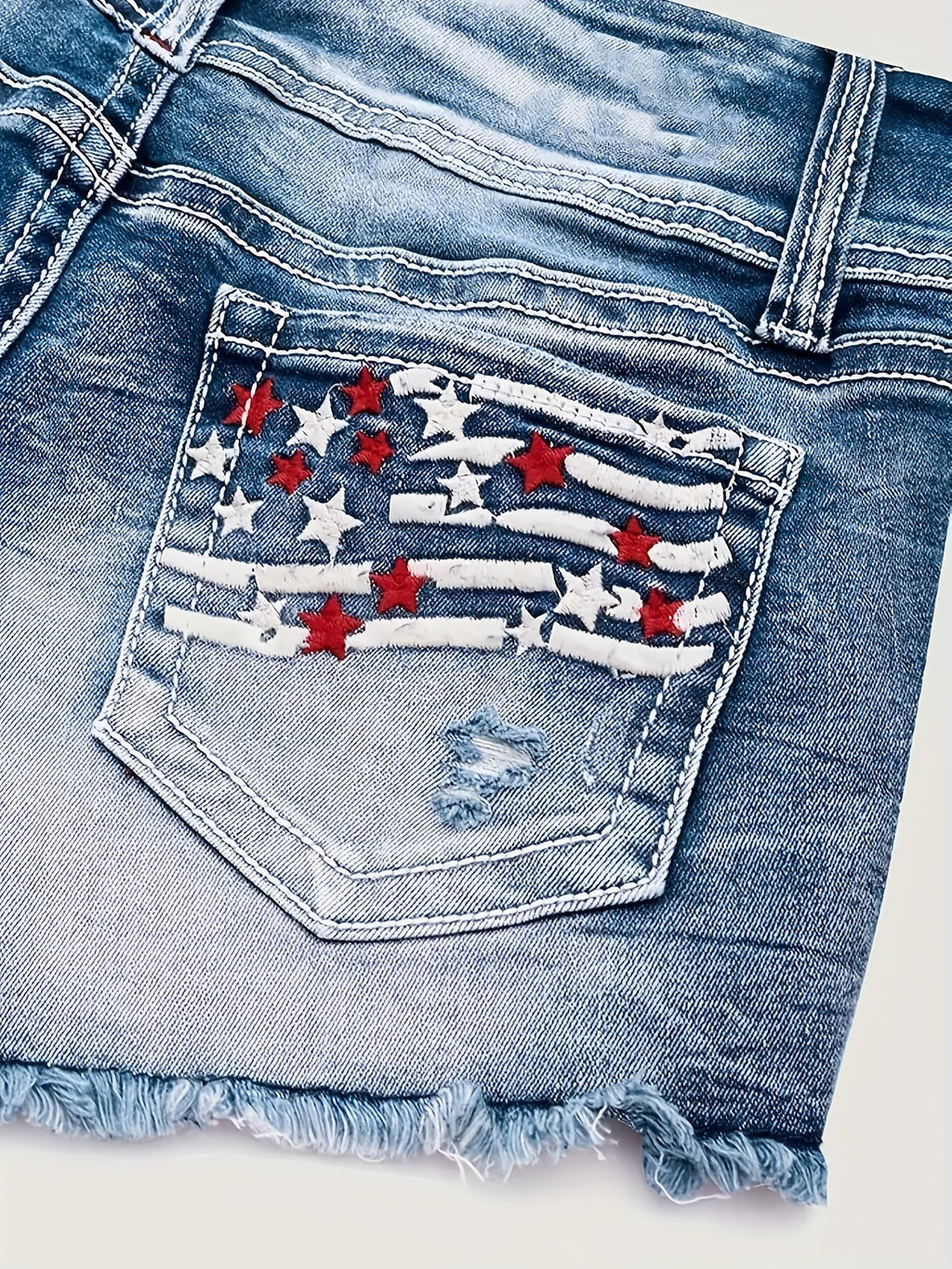 Stretch Denim Shorts for Women - Retro Color Block Embroidery Mid Rise Slim Fit, Built-In Zipper Machine Washable Cotton Blue Casual Jean Shorts for Spring Summer