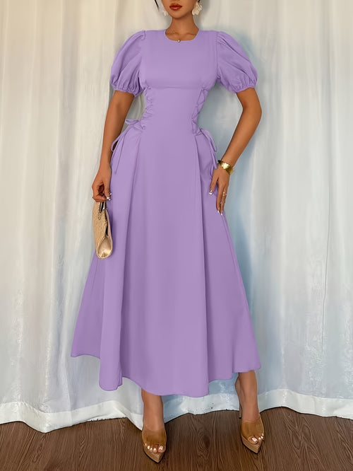 Bubble Sleeve Long Dress Women Slim Fit Pleated Strap Drawstring Elegant Solid Color Party Banquet Vacation Dress S-XXL