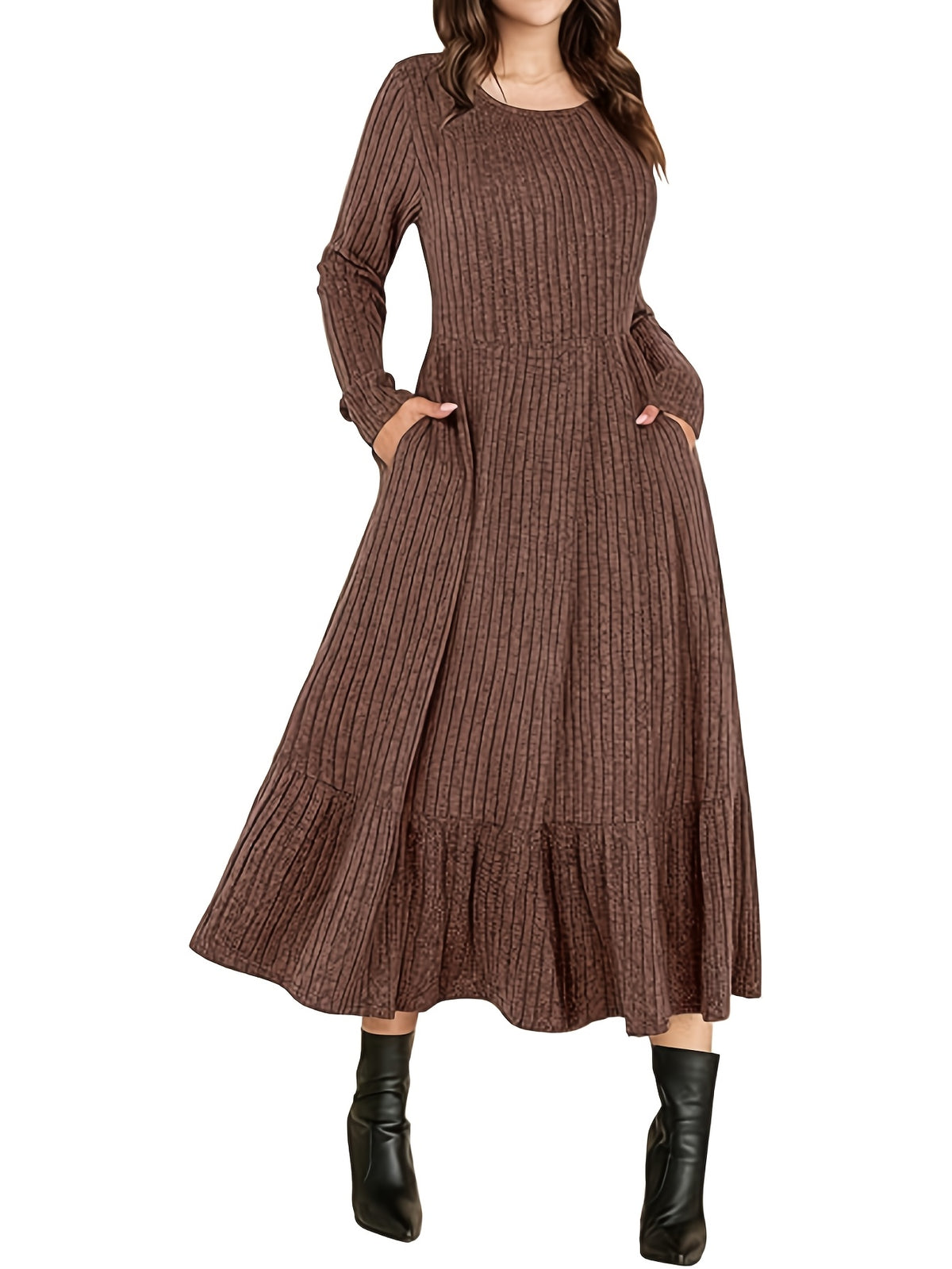 Ribbed Waist-Cinched Maxi Dress for Women | Crew Neck Knit Long Dress with Pockets | Warm Flattering Fall Winter Dress | Solid Color Office Casual Dress Women