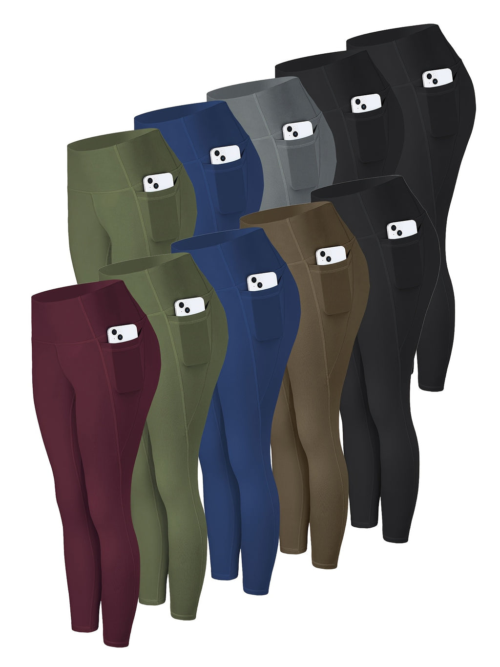 10pcs Solid Color High Waisted Leggings for Women – Cropped Tight Leggings with 2 Pockets, Multicolor