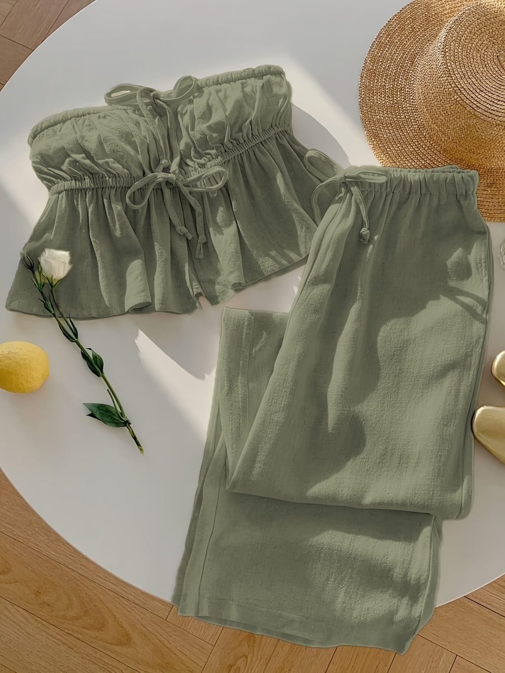 Strapless Tie Cropped Top and Wide Leg Pants 2pcs Set Women Spring Summer Vacation Casual Fresh Outfit S-XXL