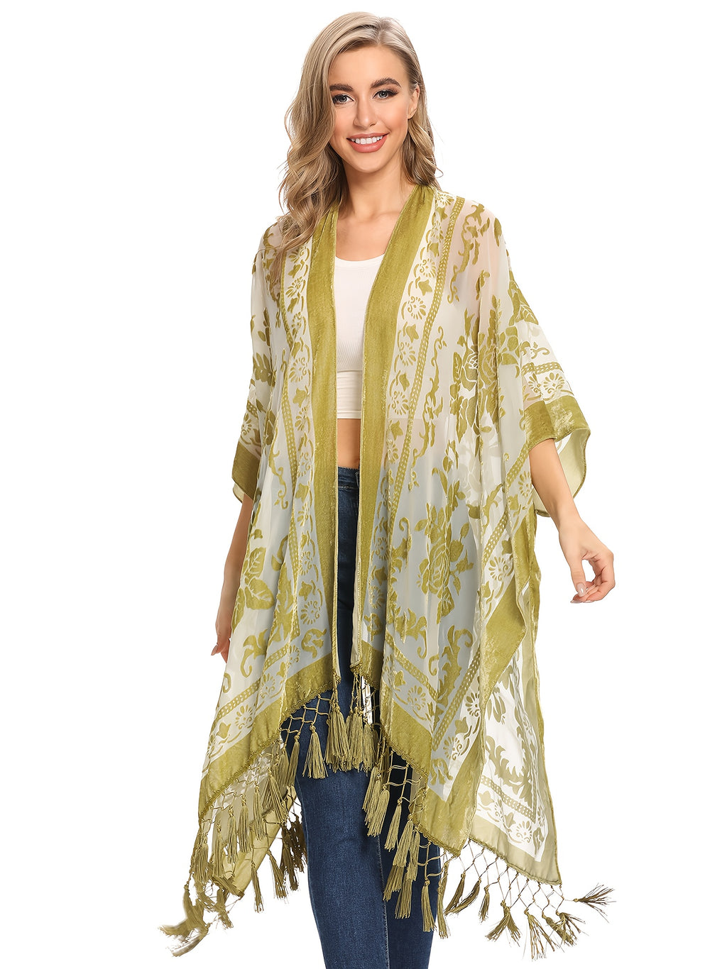 Boho Burnout Velvet Kimono Women Long Cardigan Cover Up Tassel Floral Embroidered One Size