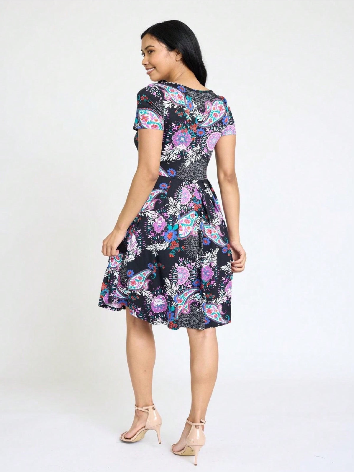 Paisley Floral Swing Dress Women Chevron Stripe Patchwork Pleated Square Neck Elastic Waist Midi Casual Plus Size S-3X