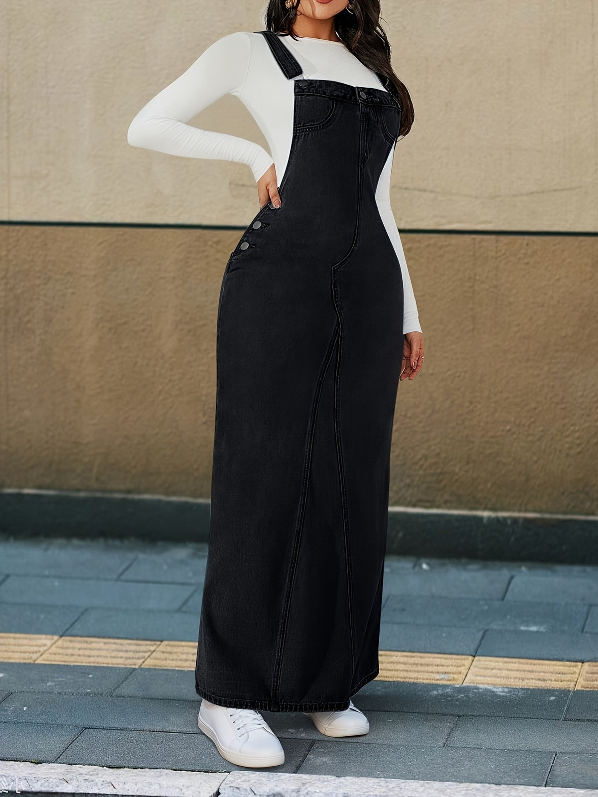 Women's Denim Maxi Dress Loose Fit Detachable Strap Button Closure Casual Chic Long Dress Spring Summer Fall