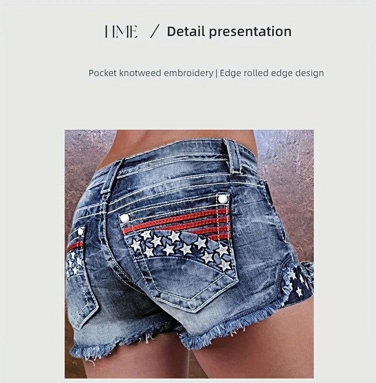Women Star Striped American Flag Stretch Denim Shorts Patriotic Print Casual Summer Jean Shorts Grey XL
