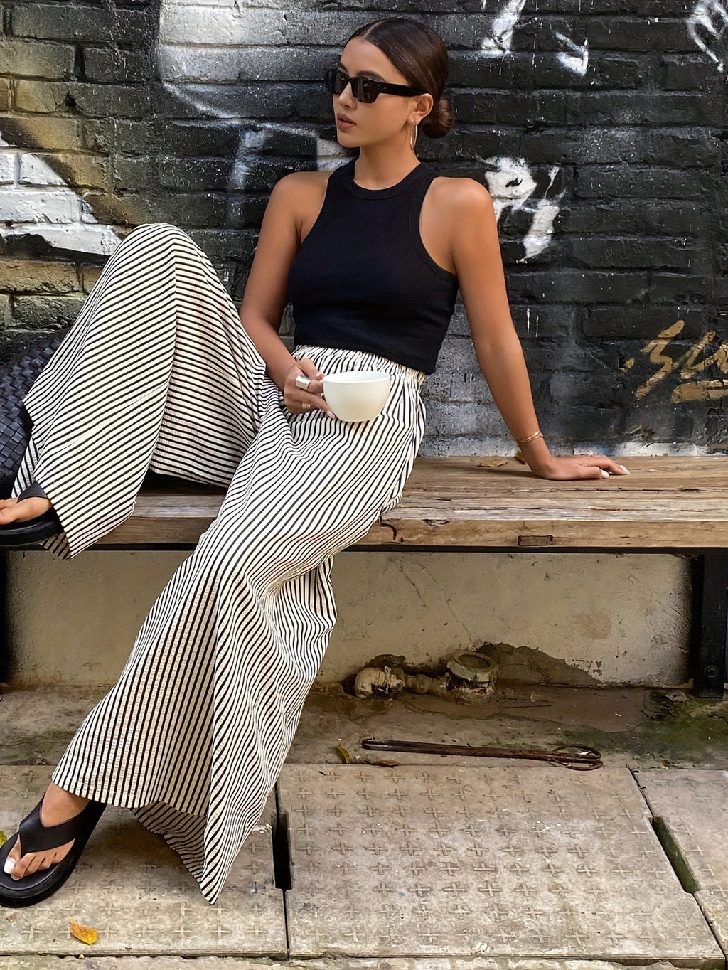Striped Wide Leg Pants Women Elastic Waist Vertical Stripe Casual Trousers Comfortable Year Round Wear Machine Washable