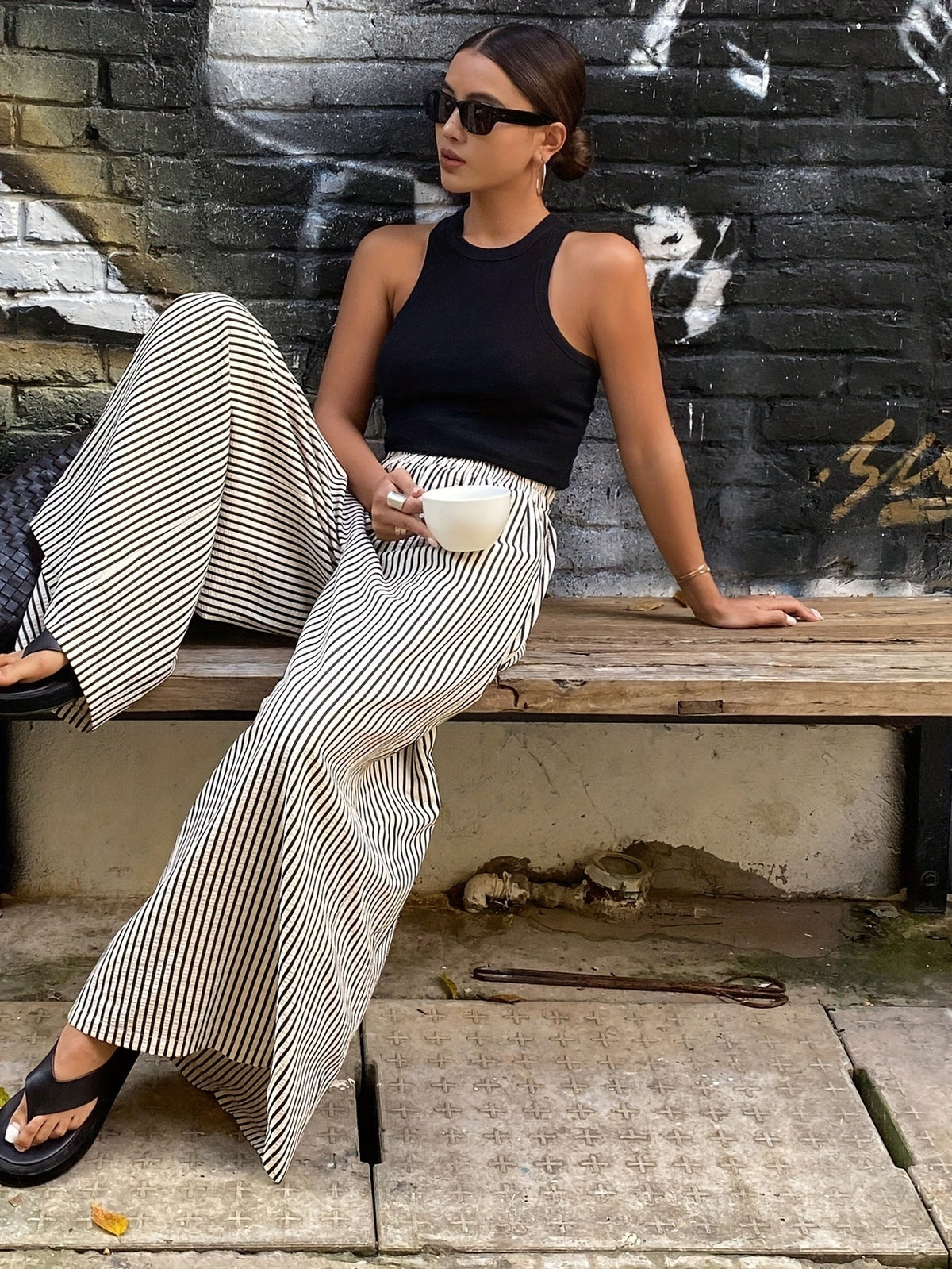 Striped Wide Leg Pants Women Elastic Waist Vertical Stripe Casual Trousers Comfortable Year Round Wear Machine Washable