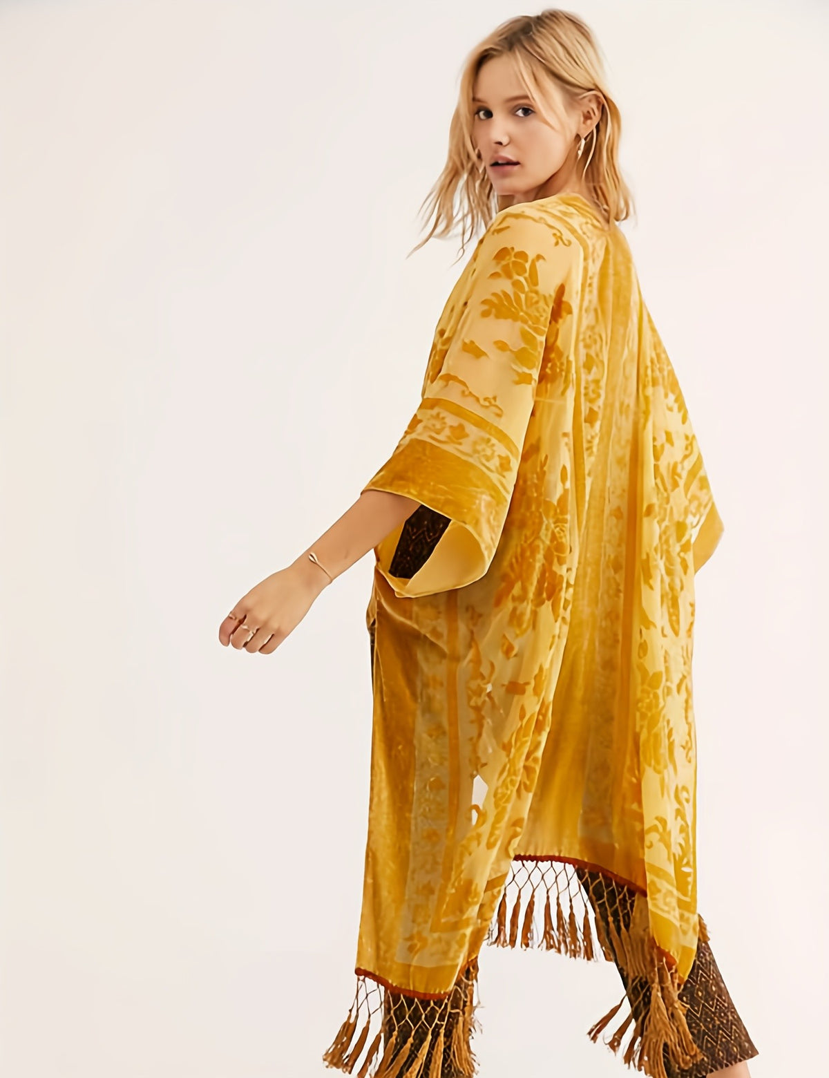 Boho Burnout Velvet Kimono Women Long Cardigan Cover Up Tassel Floral Embroidered One Size
