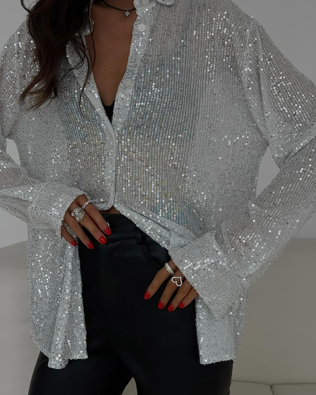 Rhinestone Cardigan Women Long Sleeve Lapel Collar Shimmering Diamond Stripe Open Front Cardigan Black White S-XXL