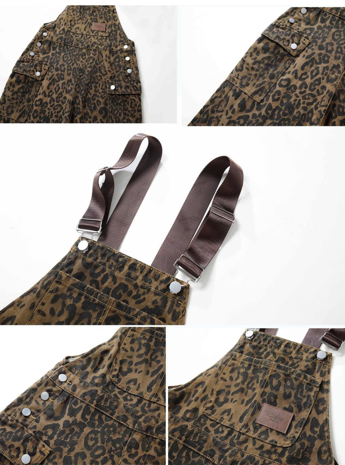 Leopard Print Denim Jumpsuit Women Multi-Pocket Loose Wide-Leg Retro Straight Leg One-Piece All Seasons S-XXL