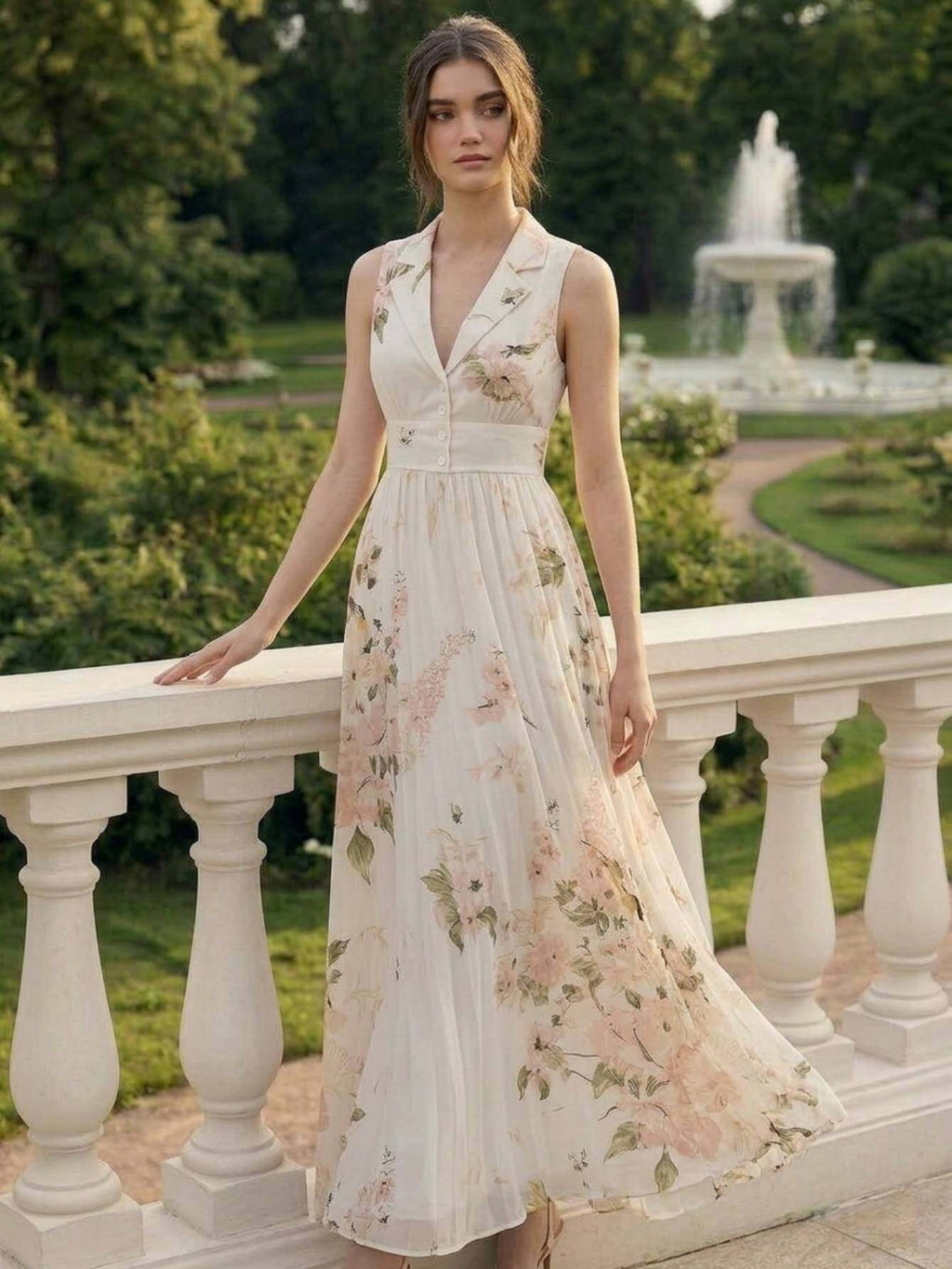 Vintage Print Lapel Dress Women Sleeveless Waist-Cinching Elegant A-Line Dress Spring Summer Date Afternoon Tea Semi-Formal Dress S-XXL
