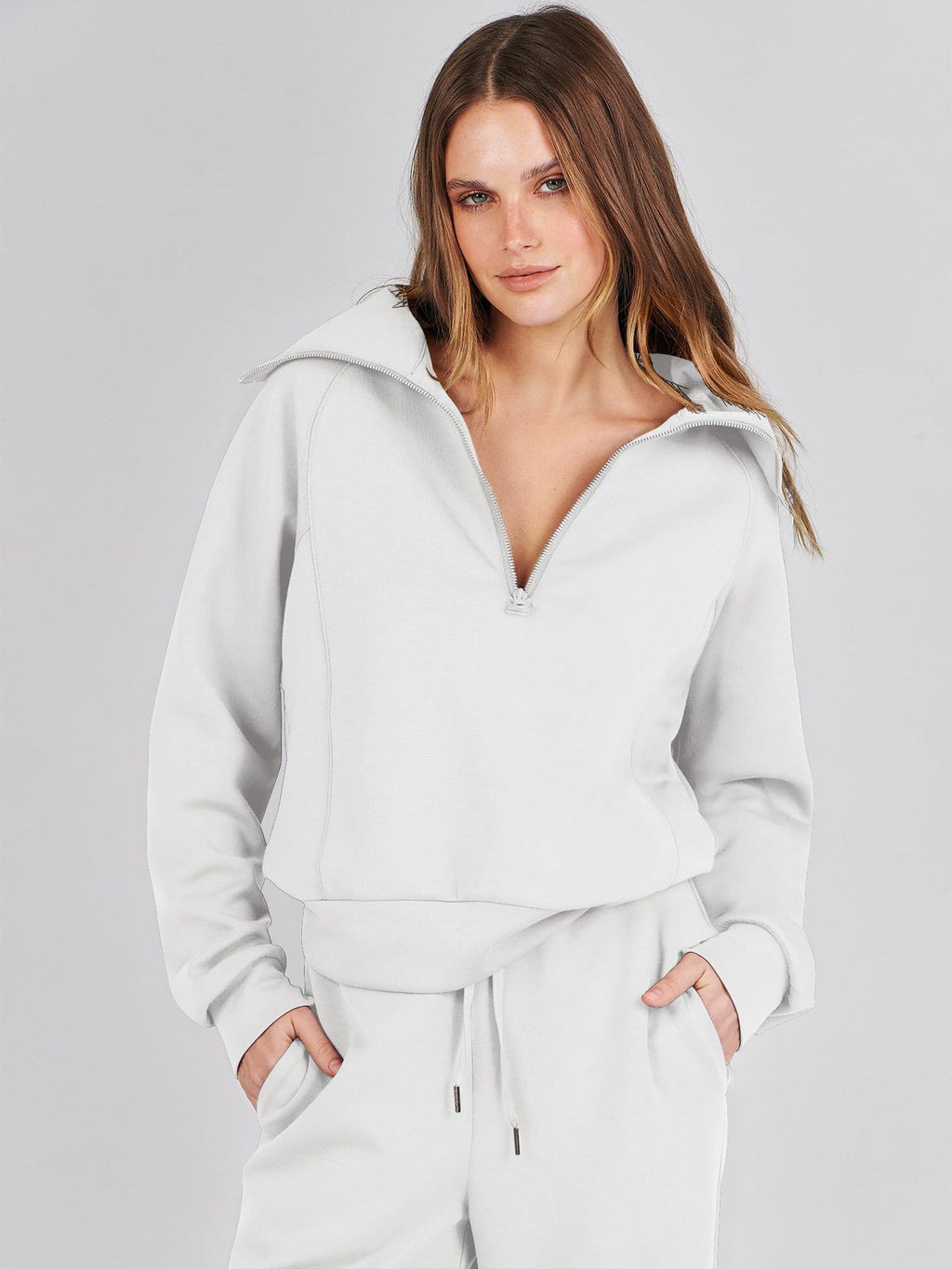 Zipper Sweatshirt Wide-Leg Pants 2 Piece Set Women Casual Tracksuit Outfit for Spring Fall - Loose Fit Jogger Co-ord Set