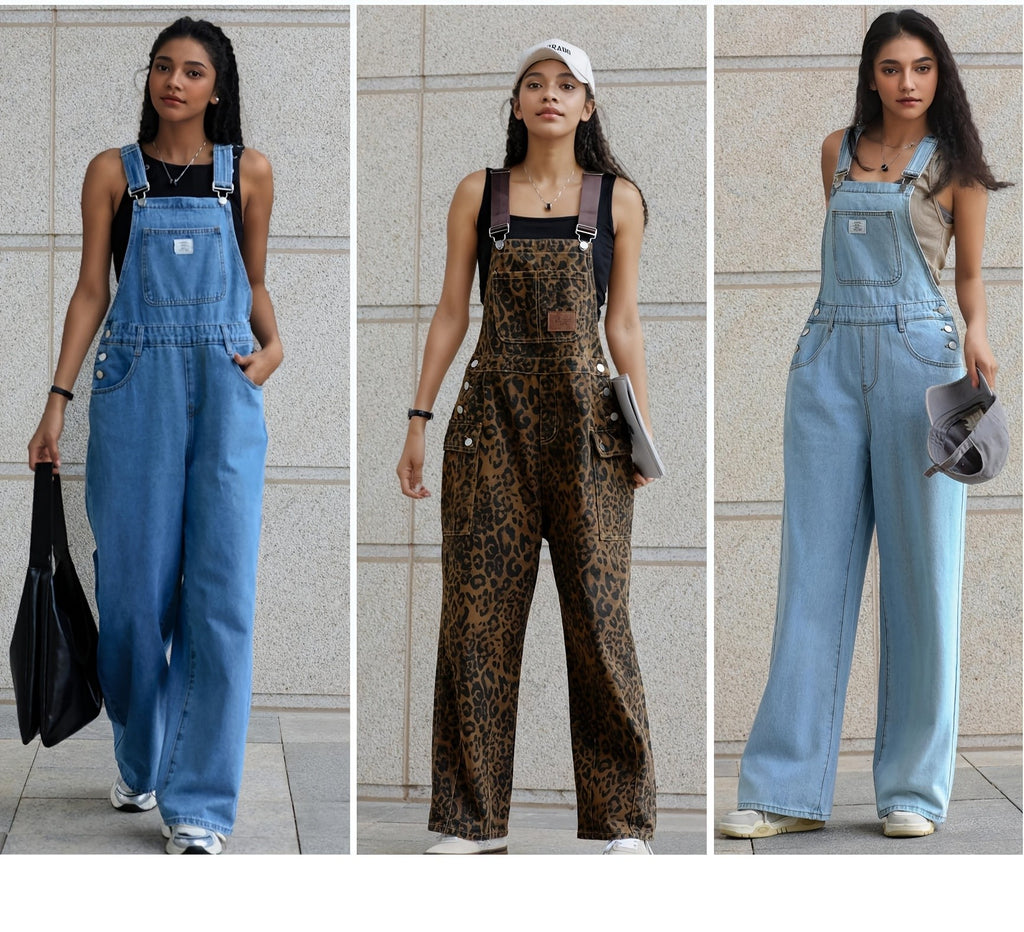 Leopard Print Denim Jumpsuit Women Multi-Pocket Loose Wide-Leg Retro Straight Leg One-Piece All Seasons S-XXL