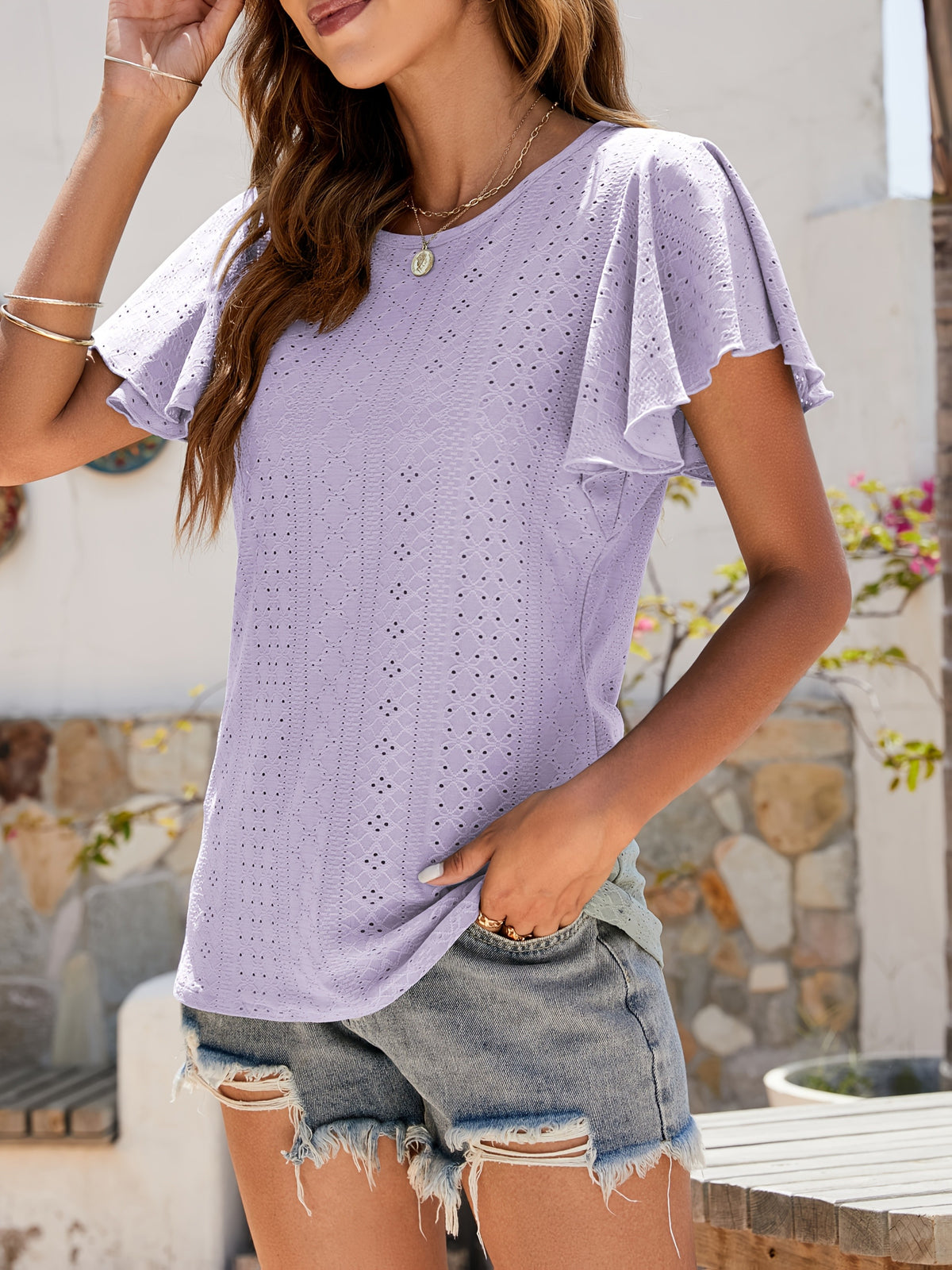 Ruffle Sleeve Hollow Out Blouse for Women | Lotus Leaf Sleeve Casual Top | Breathable Lace Trim Short Top | Chic Spring Summer Women's Shirt