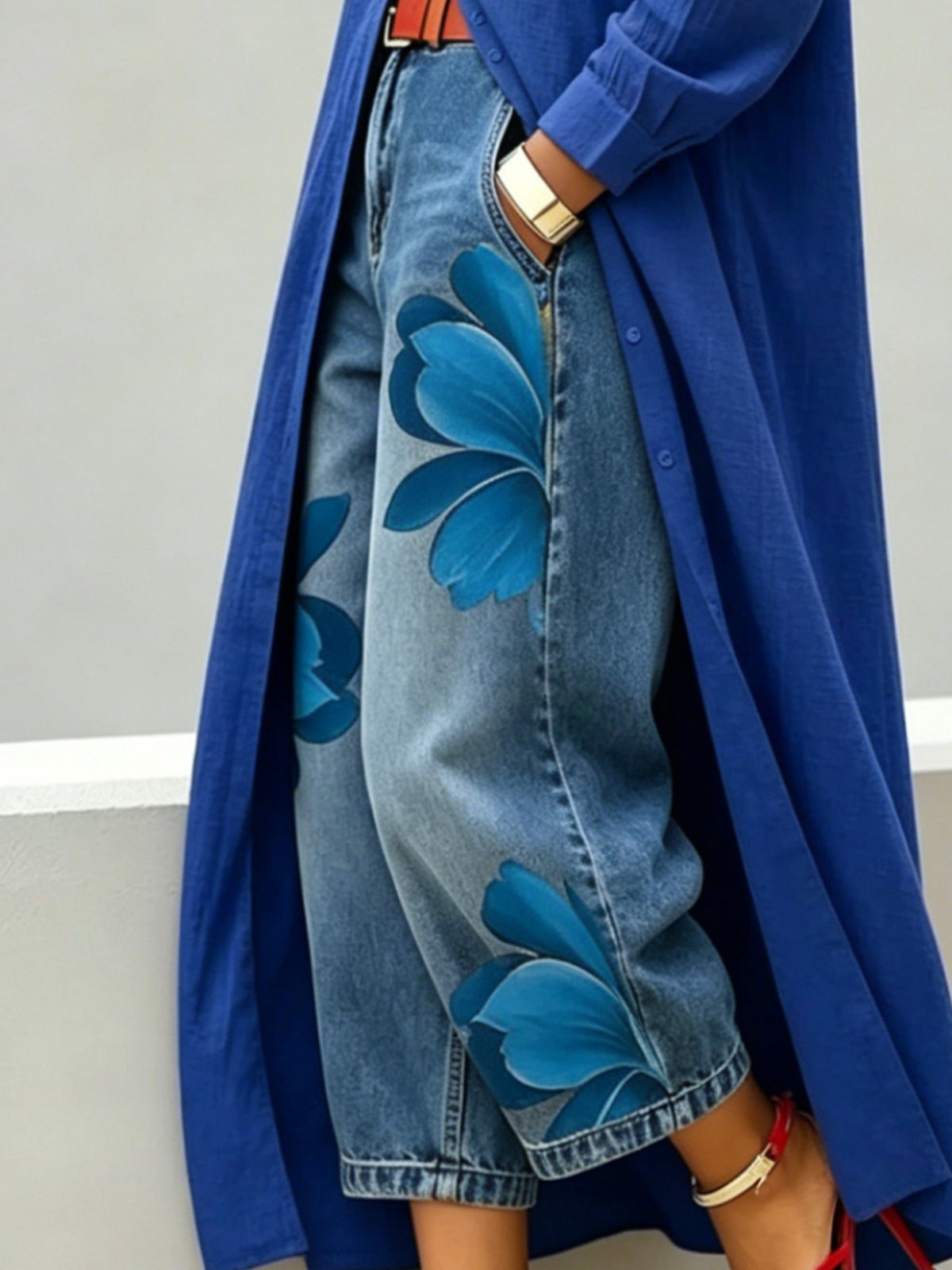 Floral Print Denim Wide Leg Pants Women Loose Fit Summer Casual Comfortable Boho Beach Trousers S-XXL
