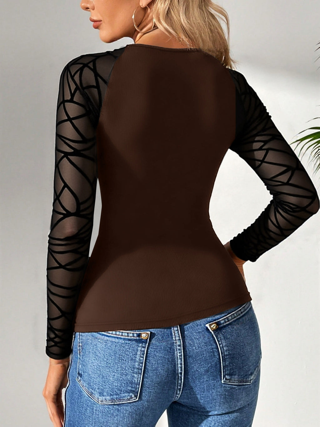 Mesh Panel Long Sleeve Slim Fit Top for Women Stretchy Contrast Mesh Round Neck Casual Spring Fall Office Party Viscose Blend Blouse