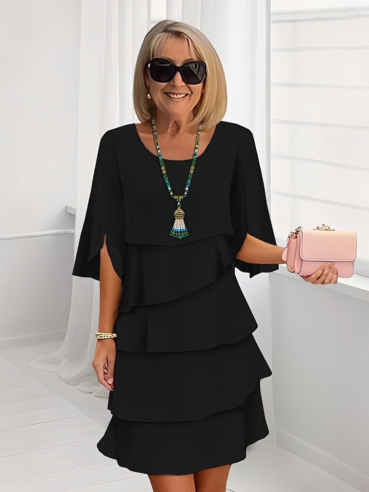 Midi Dress Women Crew Neck Half Sleeve Cake Skirt Patchwork Multicolor Holiday Party Office Wedding Guest S-XXL
