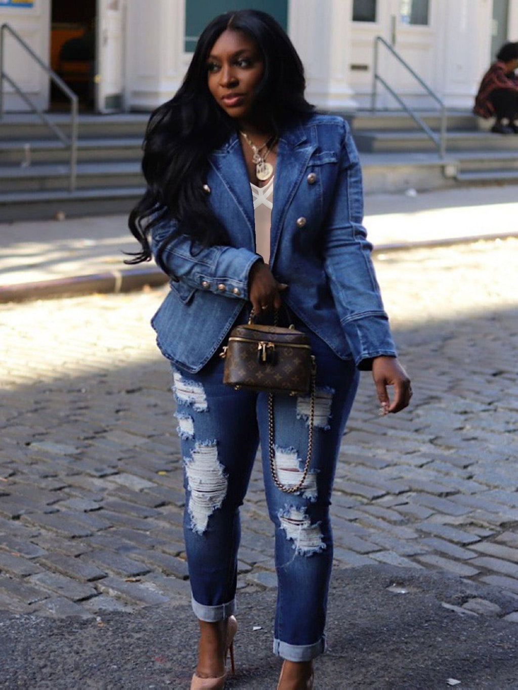 Denim Blazer Women Business Casual Lapel Double Breasted Long Sleeve Jean Jacket Structured Coat for Work Office Everyday Wear