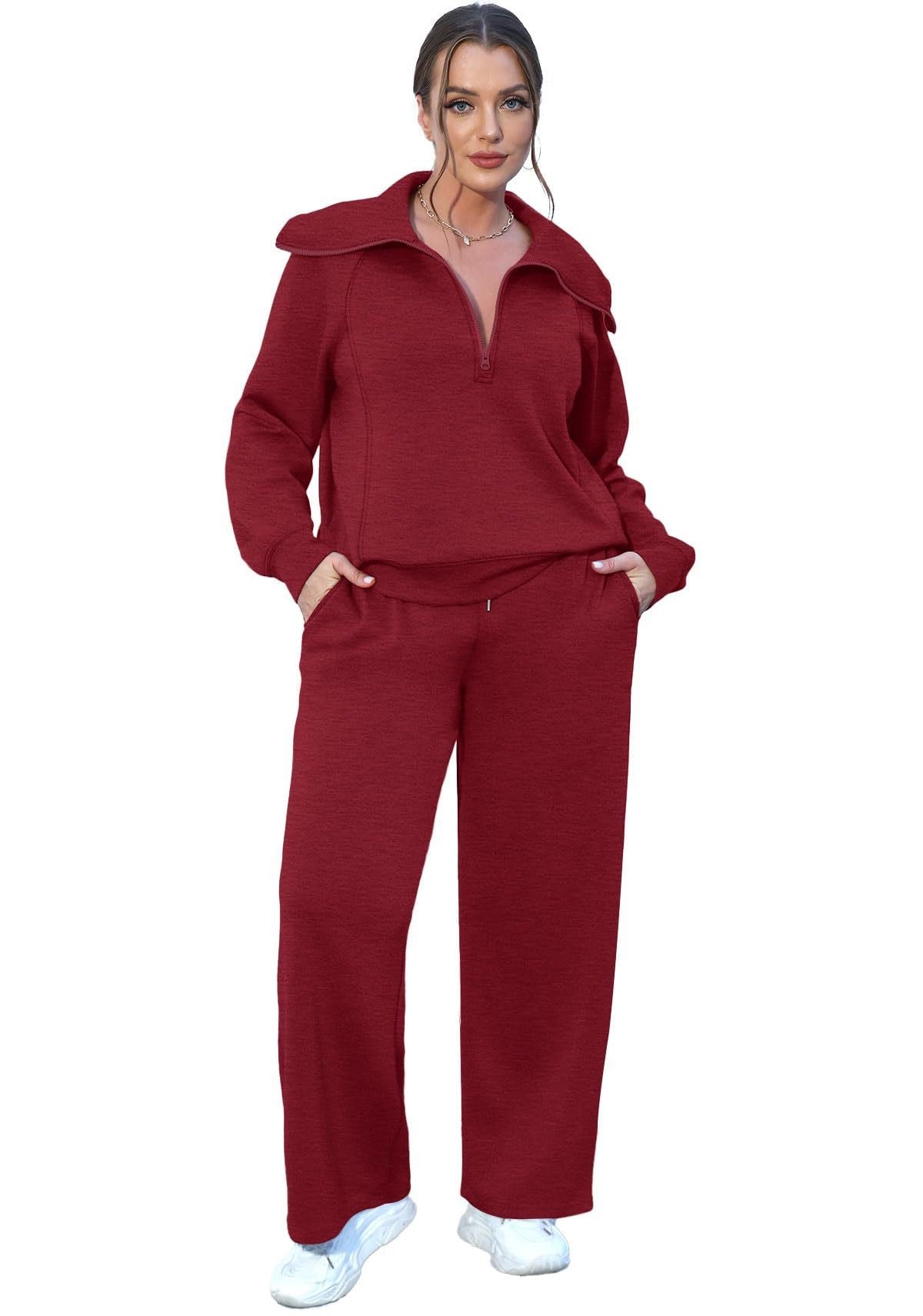 Zipper Sweatshirt Wide-Leg Pants 2 Piece Set Women Casual Tracksuit Outfit for Spring Fall - Loose Fit Jogger Co-ord Set