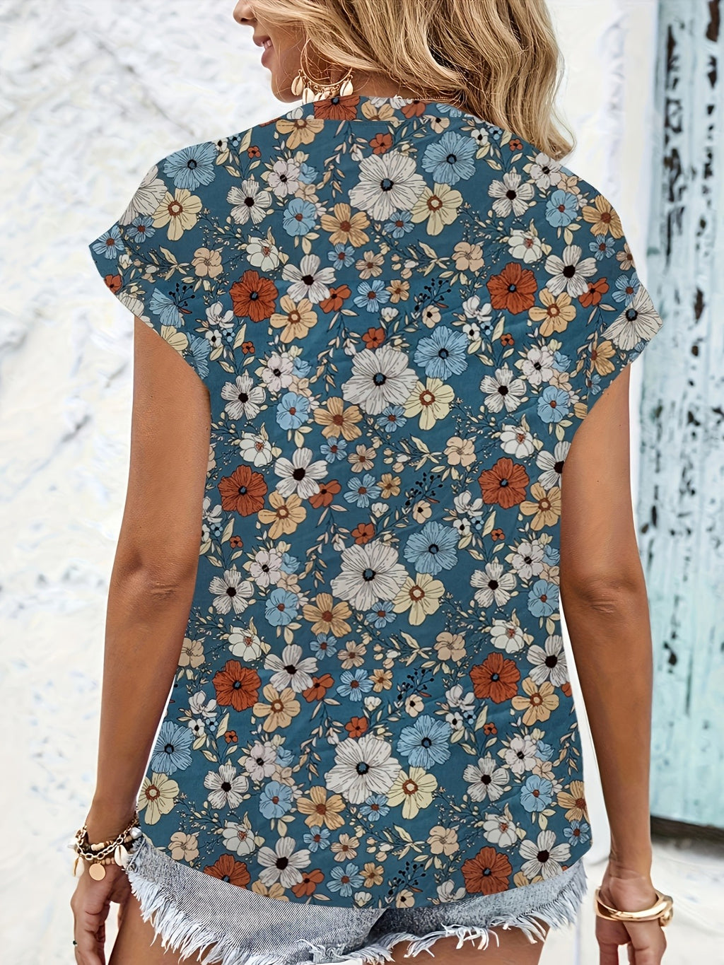 Vintage Floral Print Blouse Women V-Neck Notched Stand Collar Short Sleeve Ruffle Detail Textured Breathable Machine Washable Summer Casual Shirt