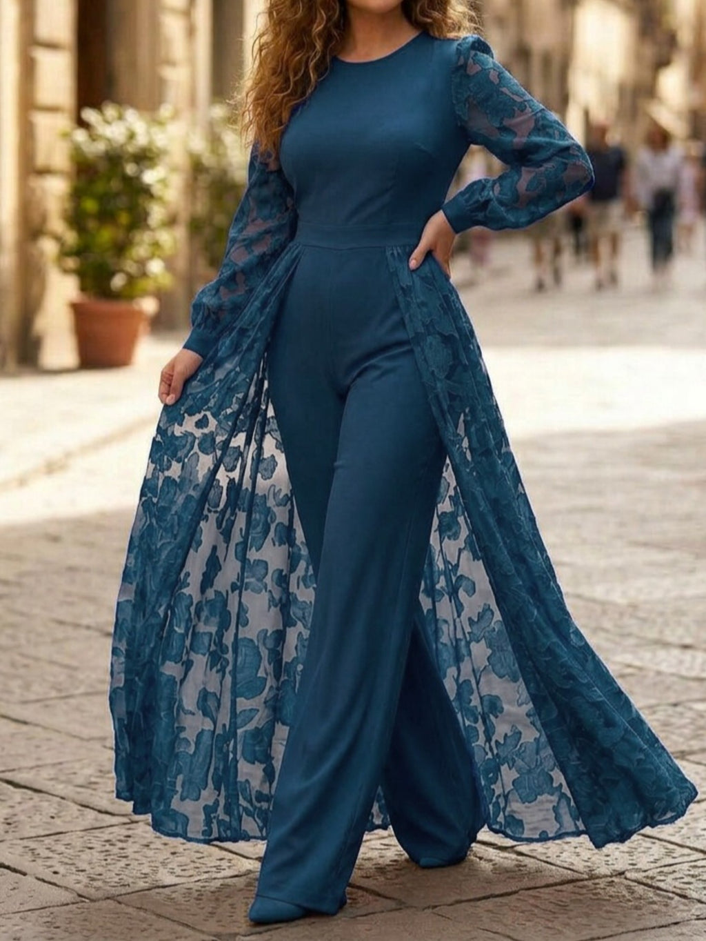 Puff Sleeve High Waist Slim Jumpsuit for Women Elegant Round Neck Long Overlay One Piece Outfit Pink Date Business Socialite S-XXL
