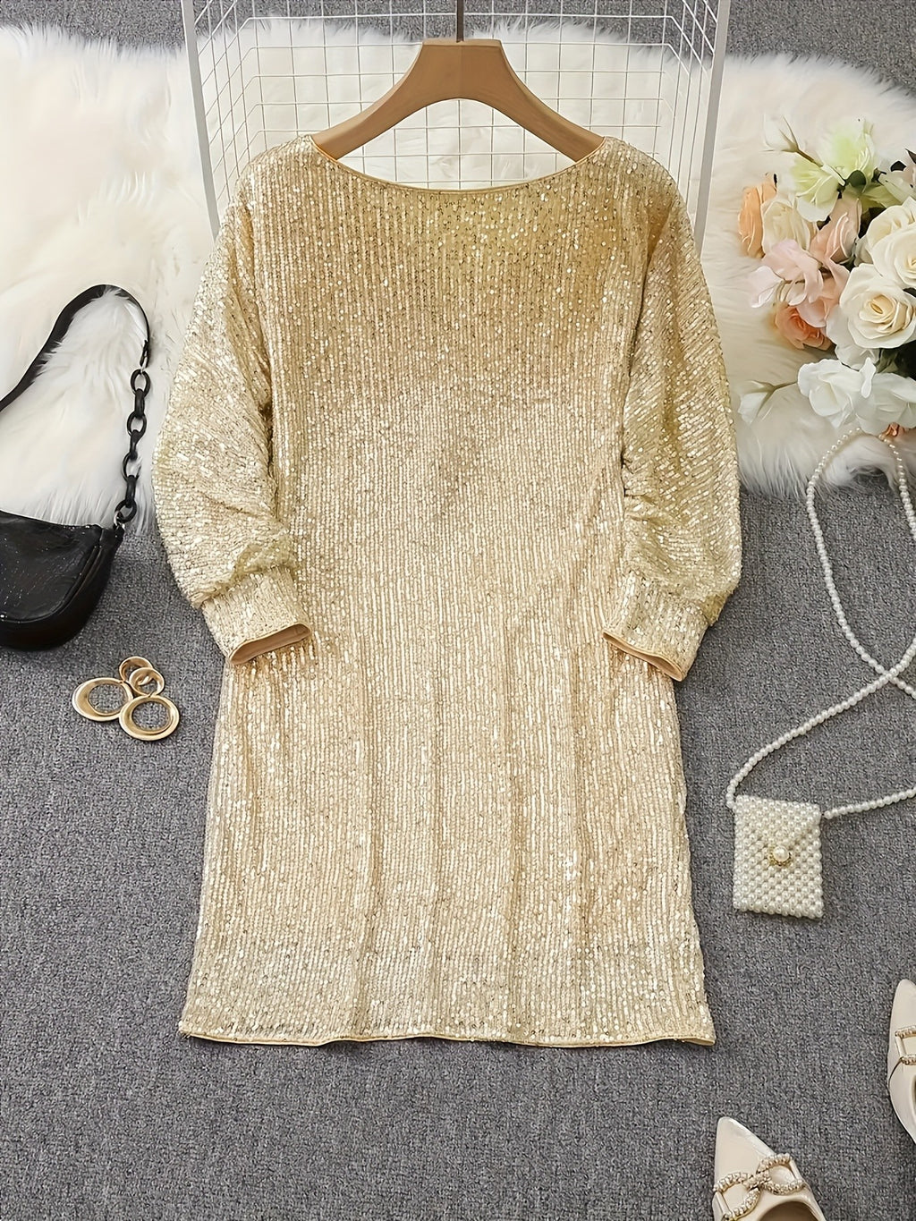 Sequin Bodycon Dress Women V-Neck Long Sleeve Midi Party Dress Shimmering Contrast Glitter Evening Formal Cocktail Night Out