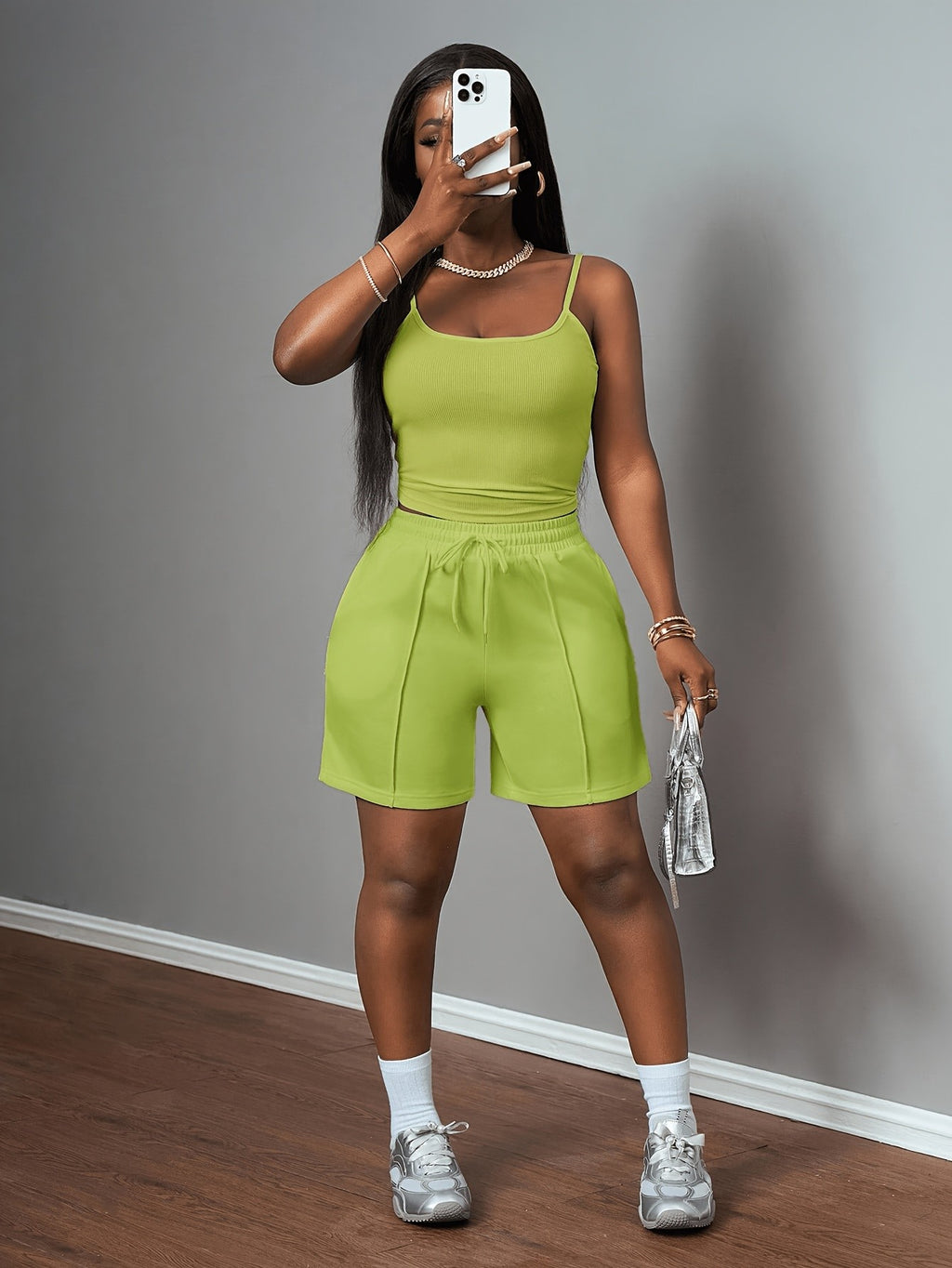 Cami Tank Top Sweat Shorts 2 Piece Set Women Slim Athletic Lounge Outfit Pockets Drawstring Athleisure Daily Wear S-XXL