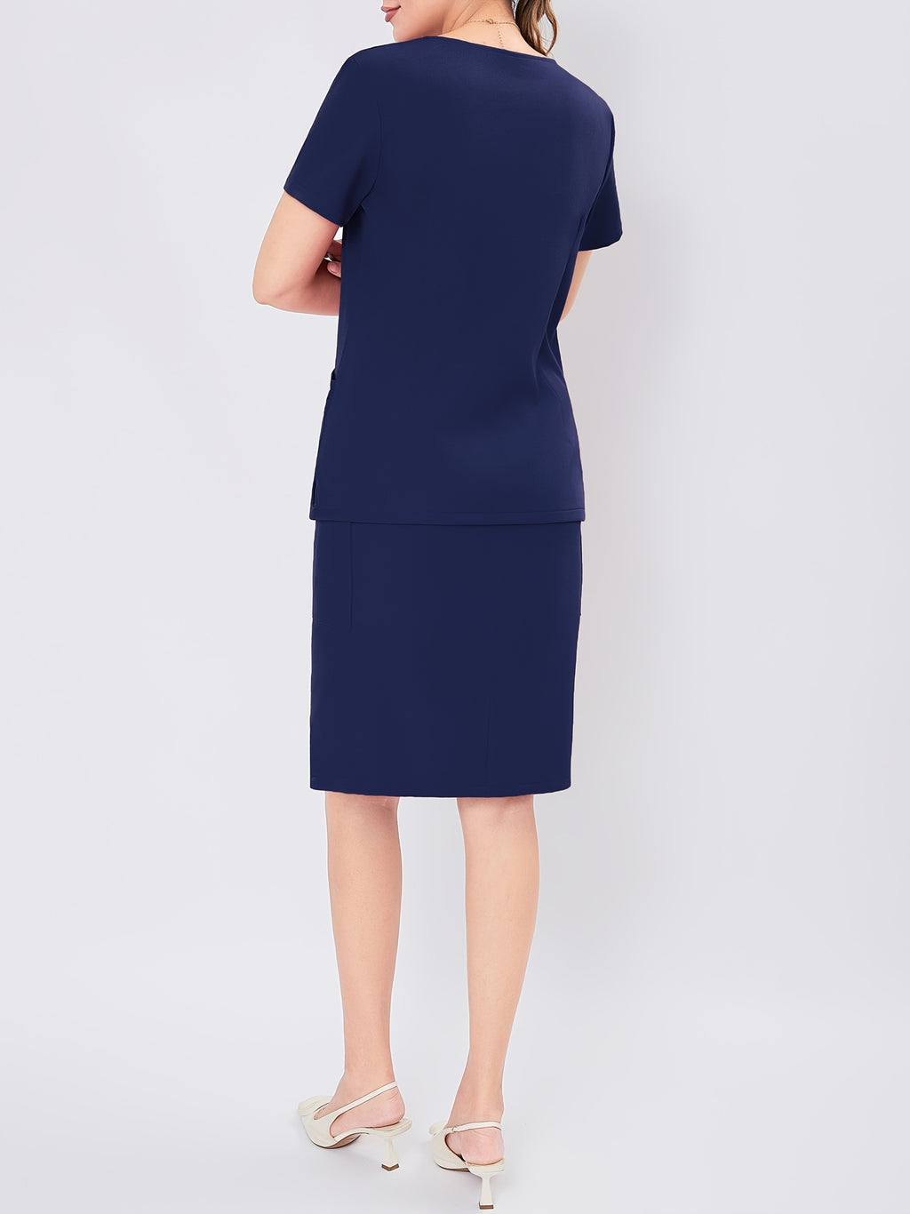 Women's V-Neck Scrub Set Short Sleeve Medical Uniform Beauty Salon Polyester Solid Color Top & Skirt with Pockets