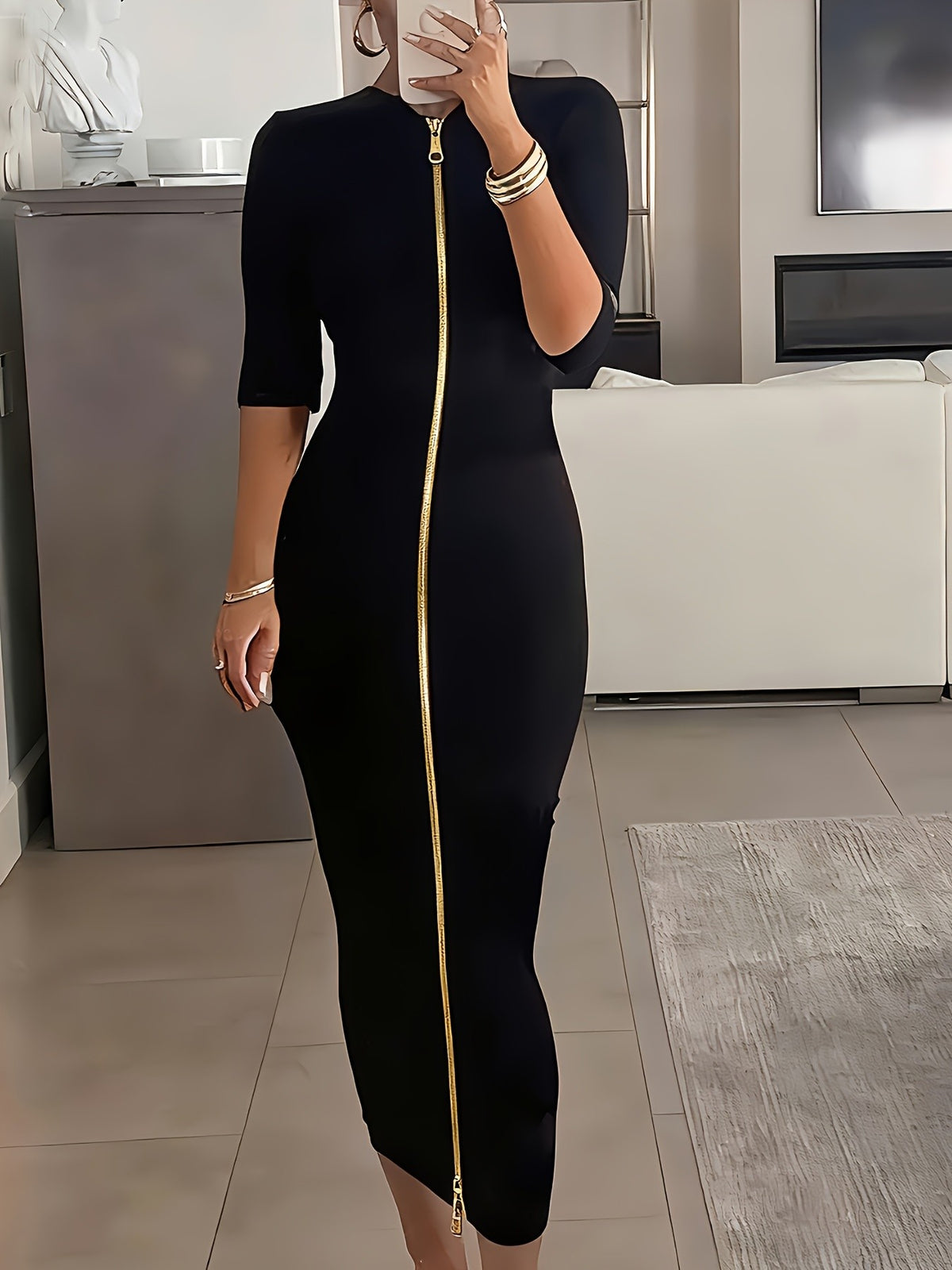 Women's Slim Fit Boat Neck Zipper Dress Short Sleeve Elegant Mid-Length Casual Dress Spring Summer Autumn
