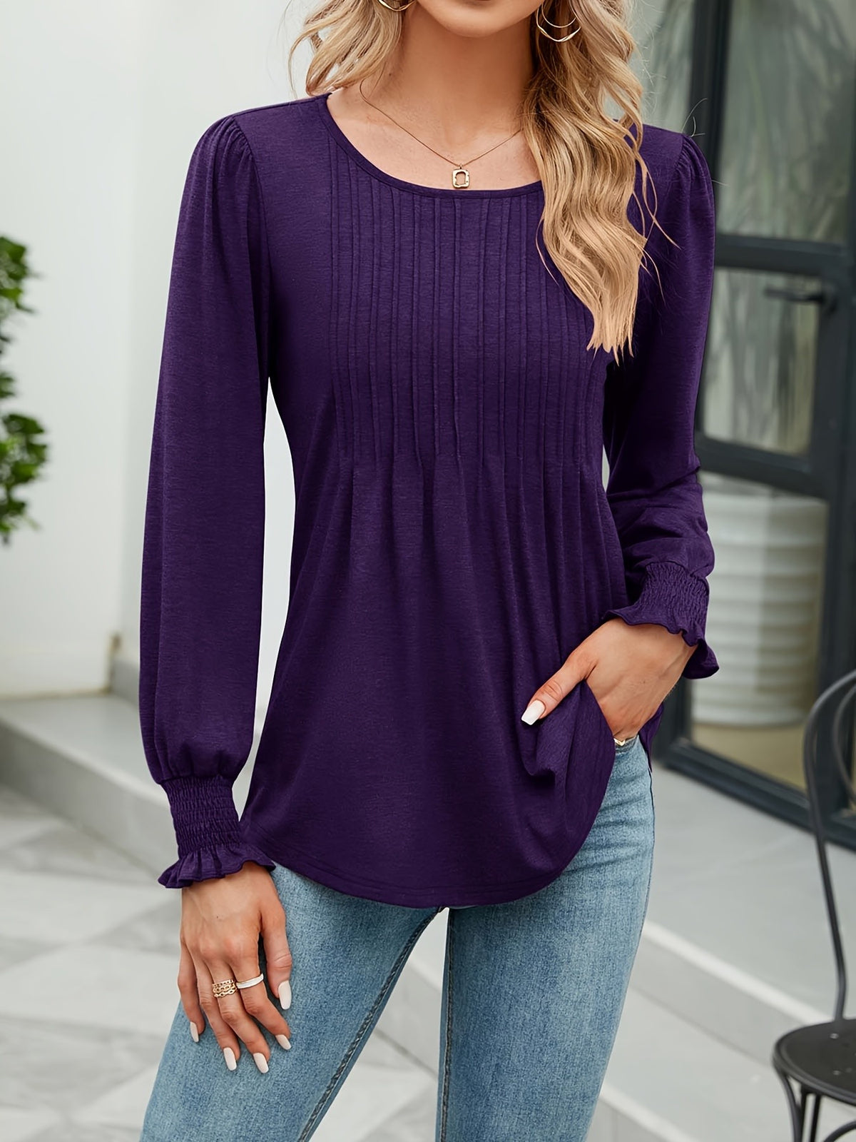 Puff Long Sleeve Tunic Top Women Pleated Crew Neck Loose Blouse Casual Elegant Fall Shirt Soft Flowy Top White Purple Green S-XXL