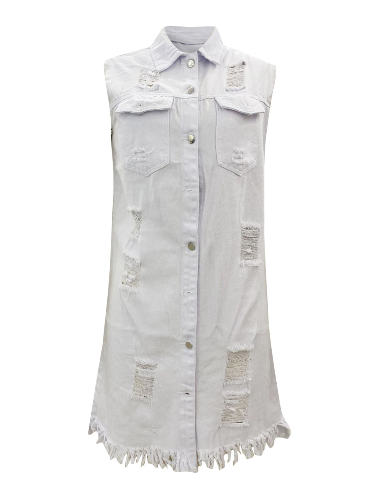 Sleeveless Long Denim Vest Jacket Women Button Closure Lapel Collar Midi Length Raw Hem Street Style Fall Winter Blue Black White S-XXL